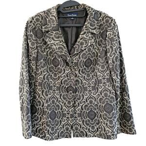 Evan Picone Blazer Black Jacquard Tapestry Collared Career Evening Jacket 14